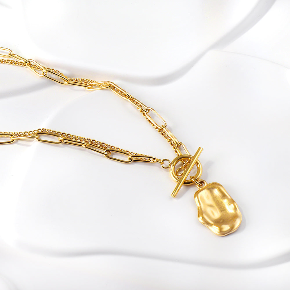 Double Layer Necklace with Molten Pendant - 18k Gold Plated