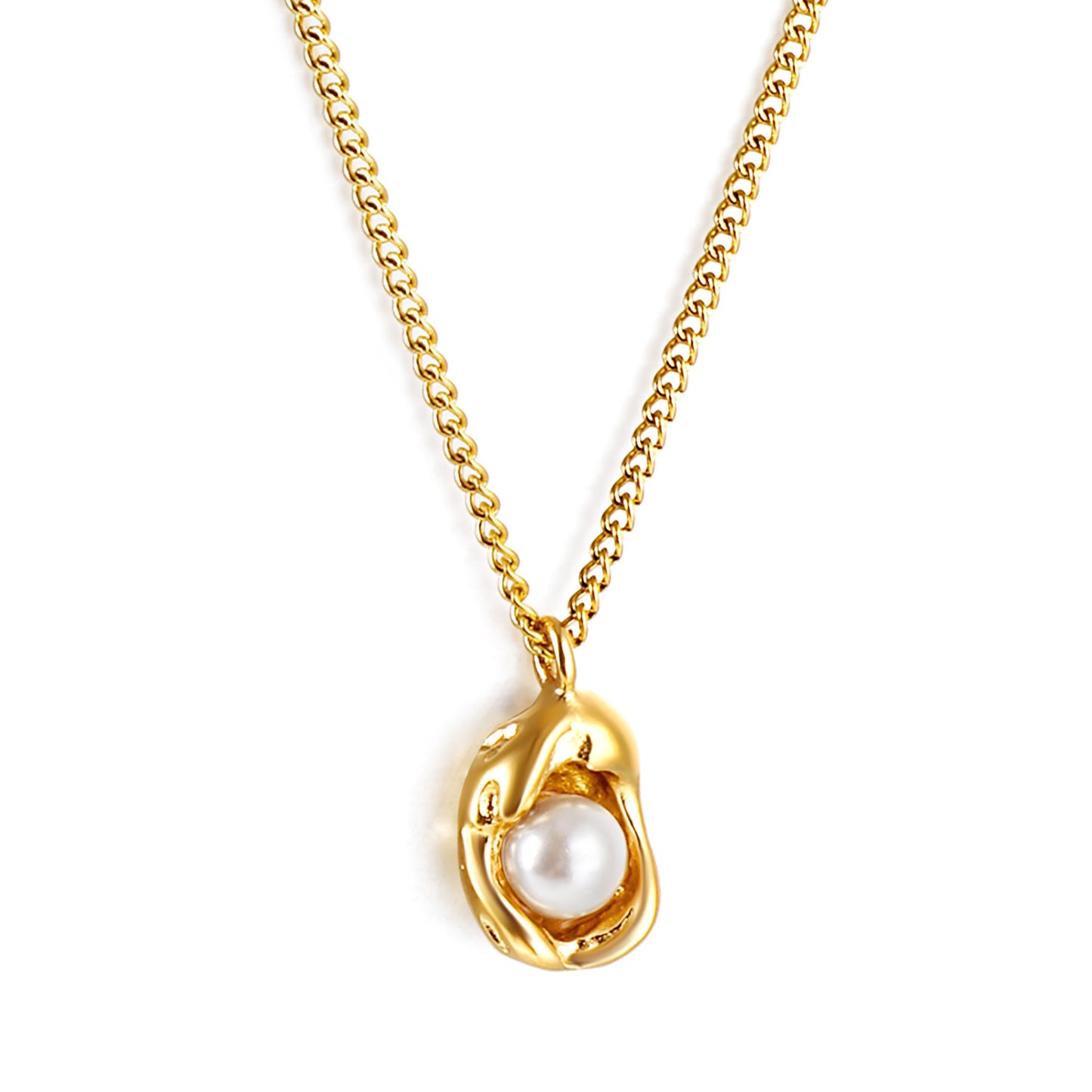 Molten Pearl Pendant Curb Chain Necklace - 18k Gold