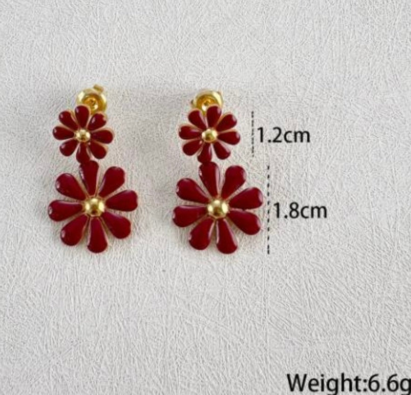 Red Flower Drop Earrings - 18k Gold Plated