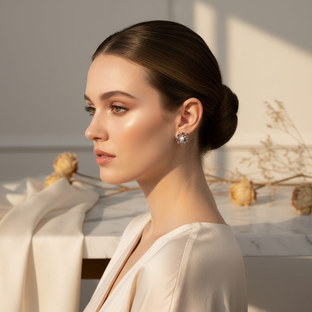 Bloom Flower Stud Earrings on Model 2