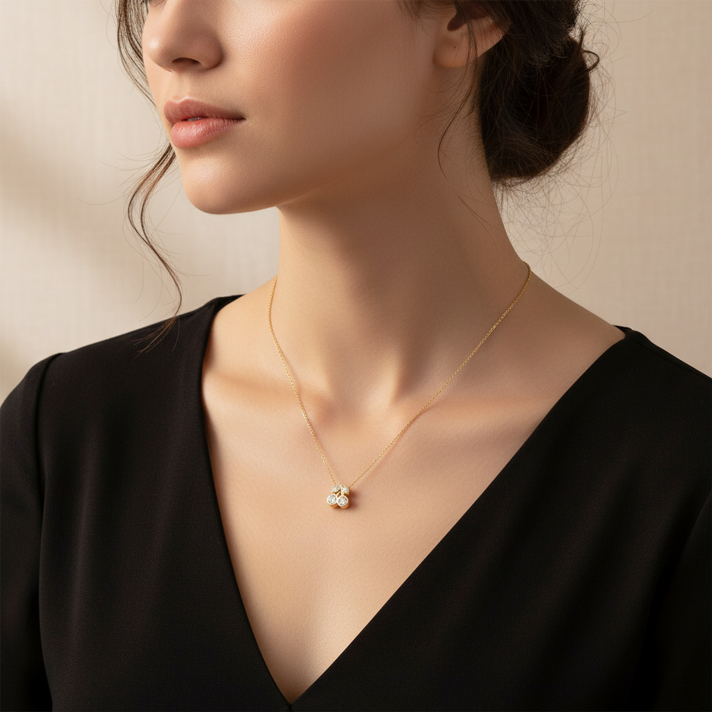 Cherry Crystal Pendant Necklace on Model - Close-up