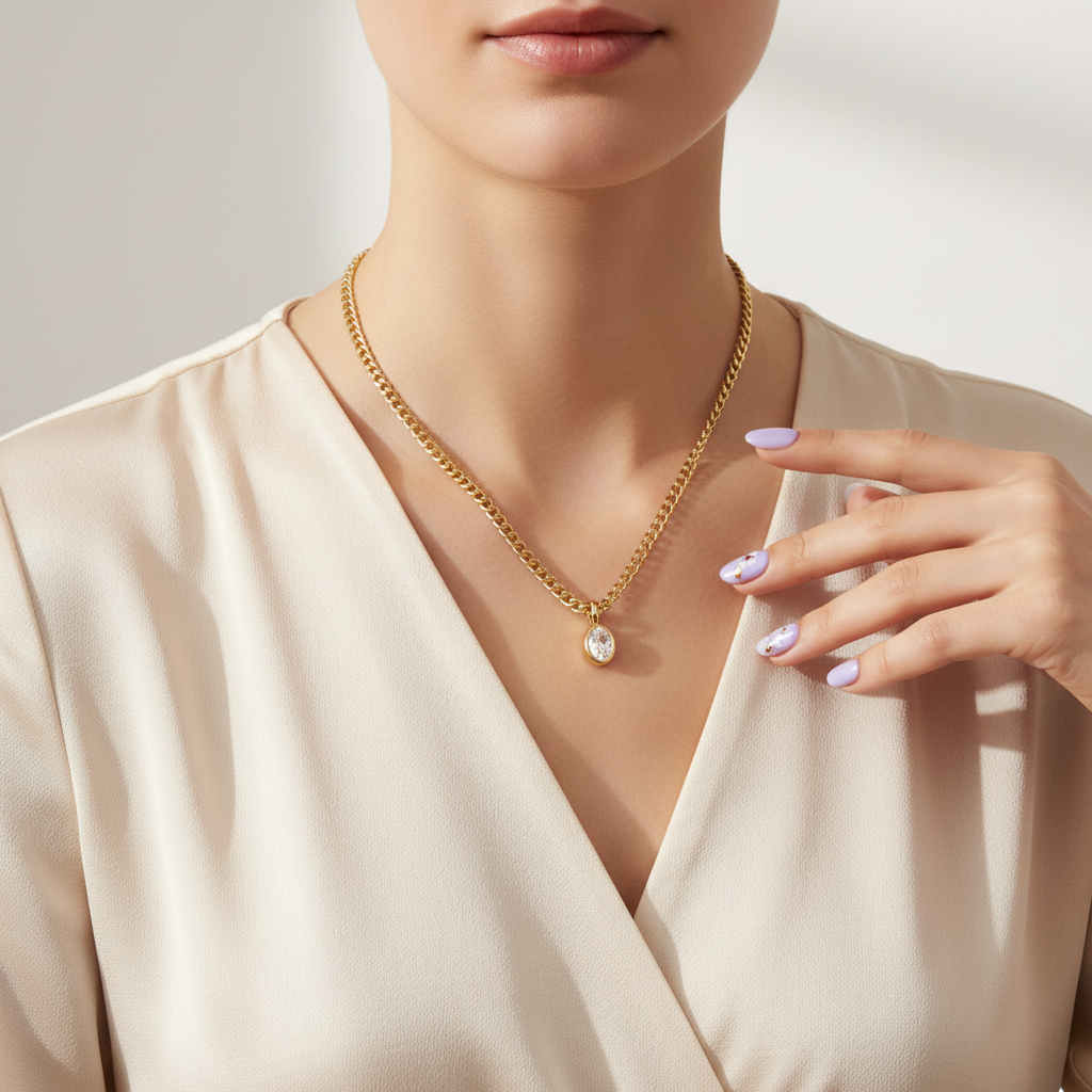 Chunky Chain Necklace on Model with Outfit and Nail Art