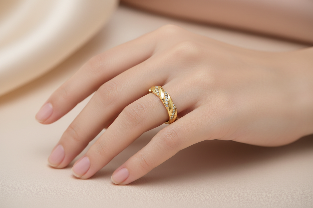 Crystal Twist Band Ring - Slimmer Band on Model