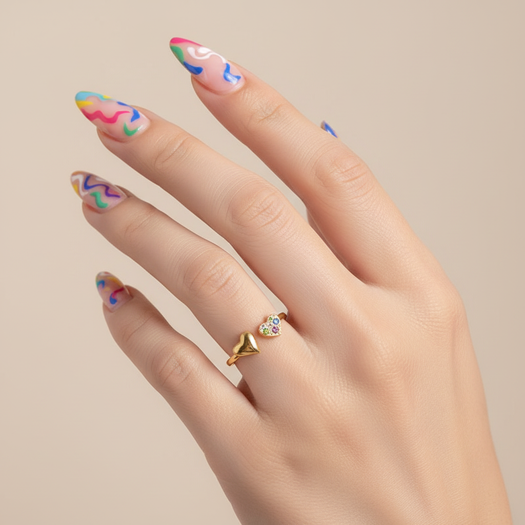 Double Heart Ring with Colorful Nail Art - Accurate Size