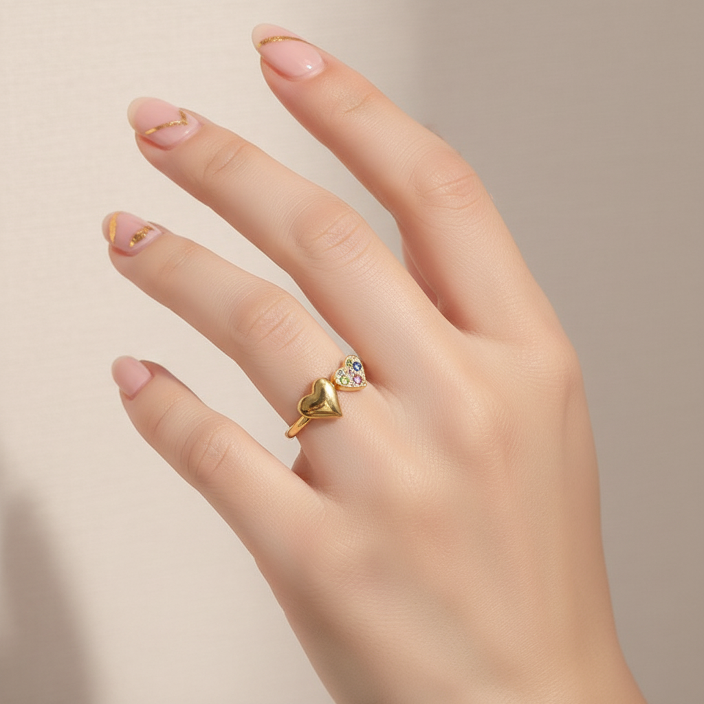 Double Heart Ring with Elegant Nail Art - Accurate Size