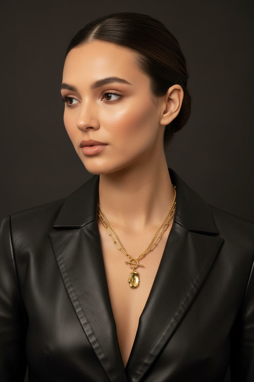 Double Layer Toggle Necklace - Edgy Luxe Model