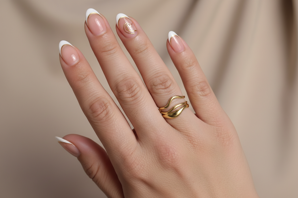 Geometric Wave Ring - French Manicure with Gold