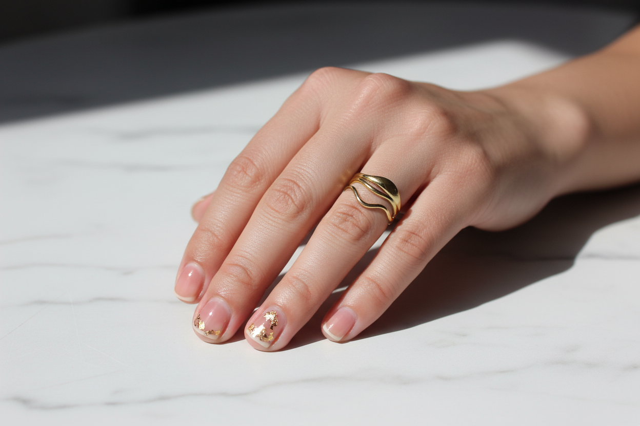 Geometric Wave Ring - Nude & Gold Nail Art