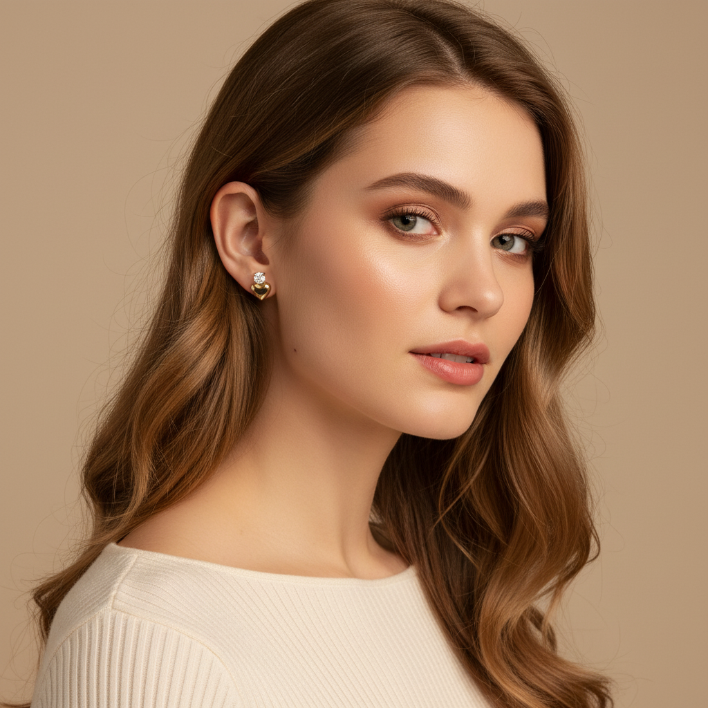 Gold Heart Crystal Earrings - Casual Look