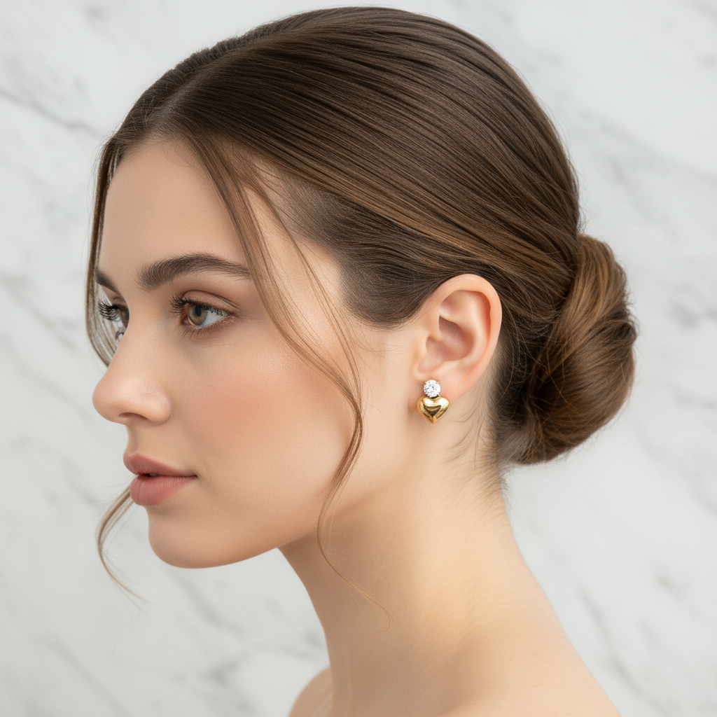 Gold Heart Crystal Earrings - Side Profile