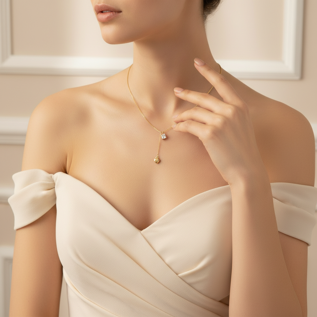 Gold Necklace on Model with Dress and Manicured Nails