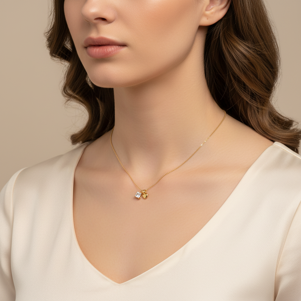 Gold Plated Crystal Heart Necklace on Model
