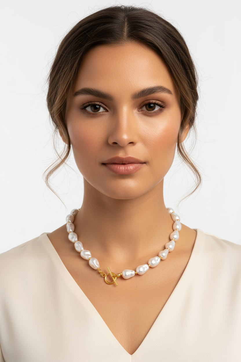 Model wearing baroque pearl and gold toggle necklace - 18k gold plated