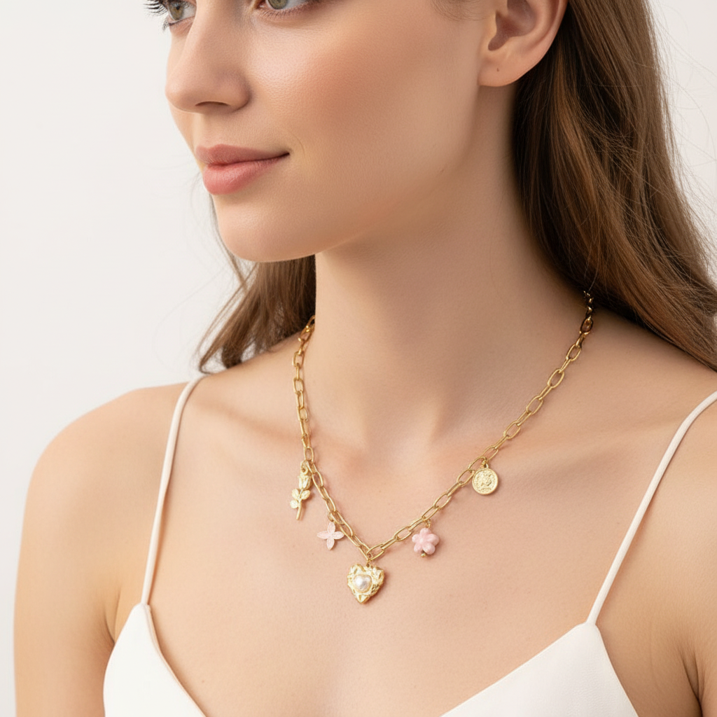 Heart Multi-Charm Chain Necklace - 18k Gold Plated