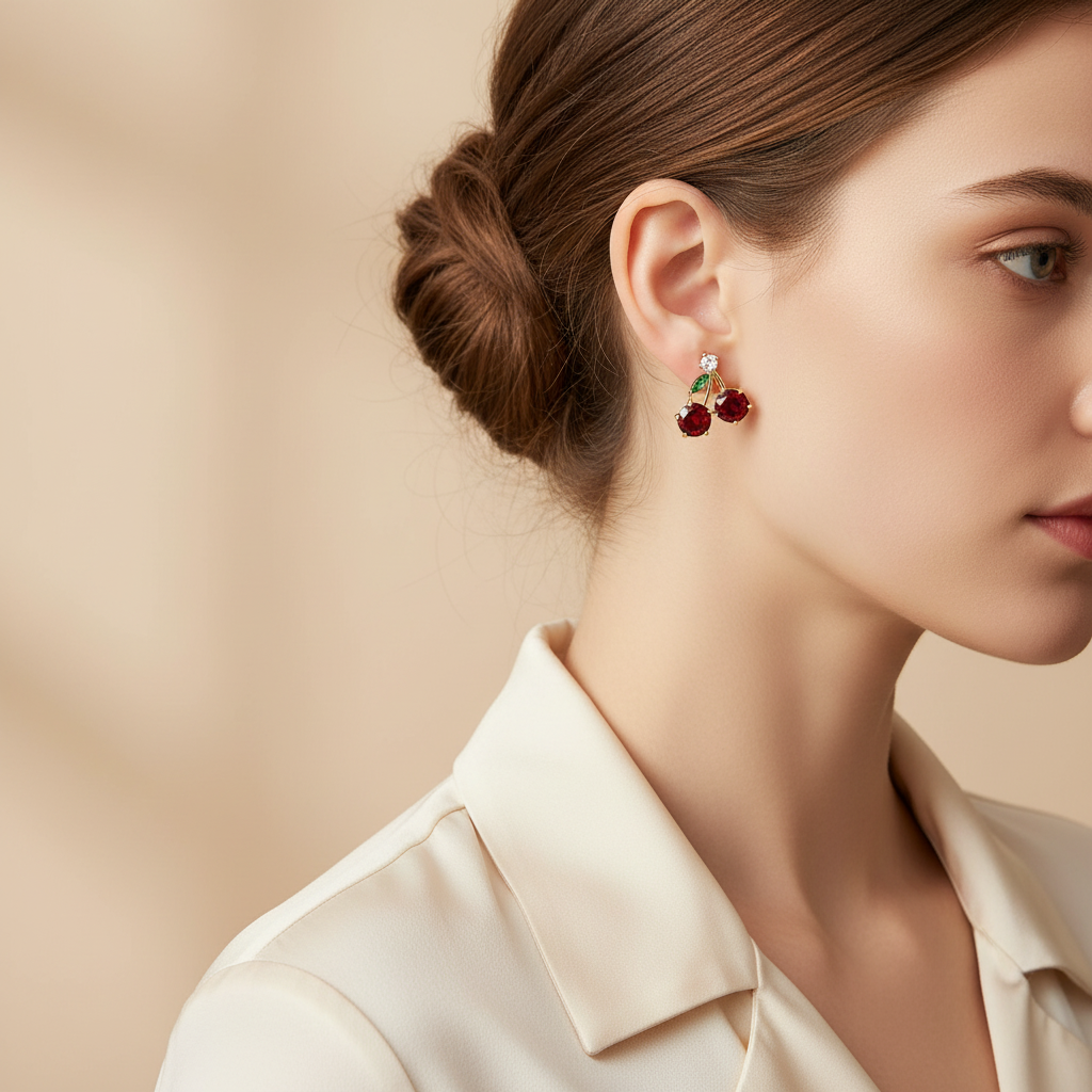 Cherry Crystal Stud Earrings - 18k Gold Plated