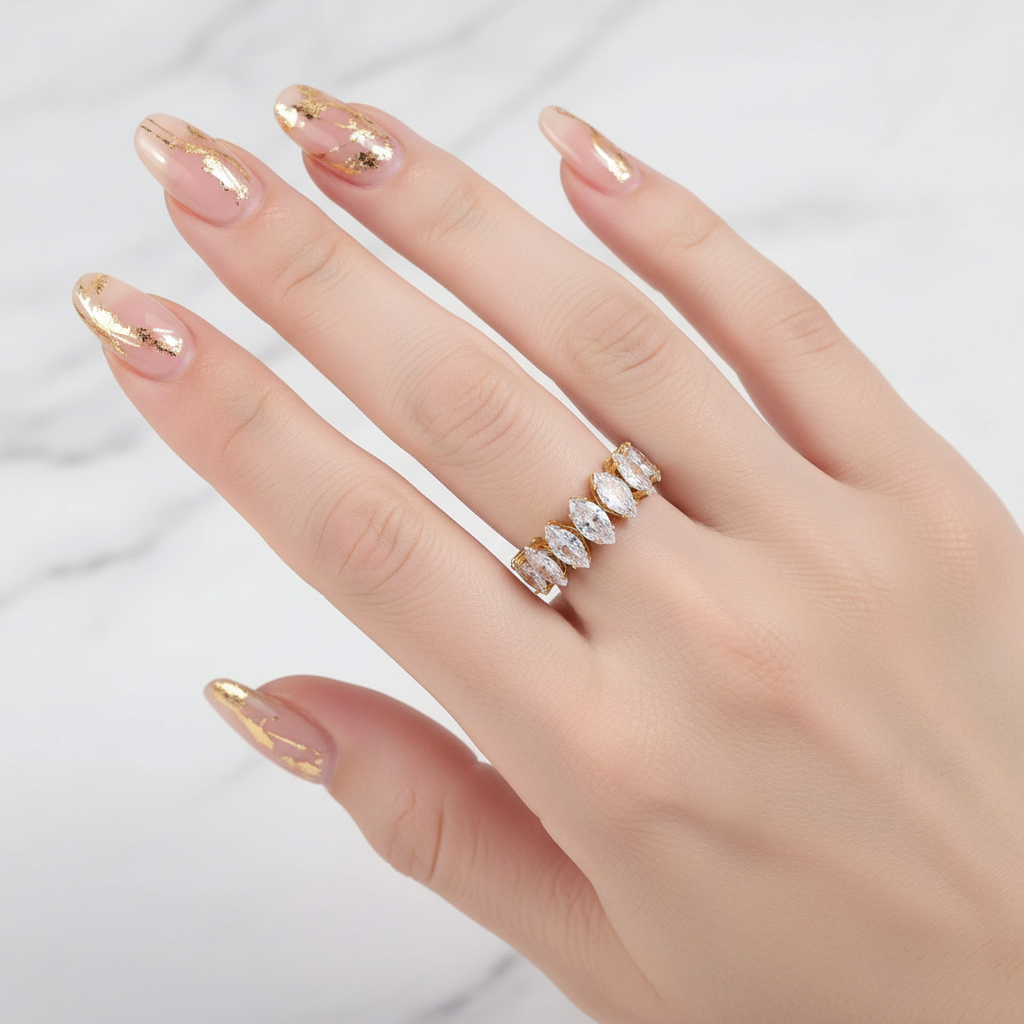 Adjustable Marquise Crystal Leaf Ring - 18k Gold Plated