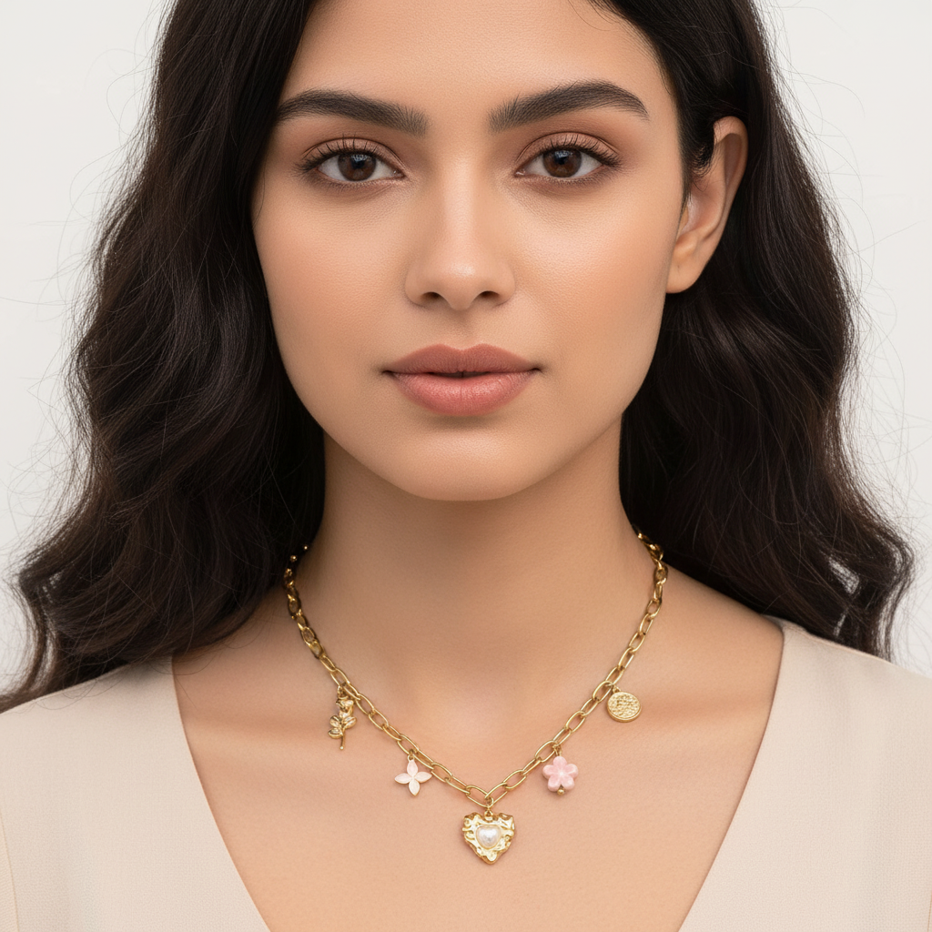 Heart Multi-Charm Chain Necklace - 18k Gold Plated