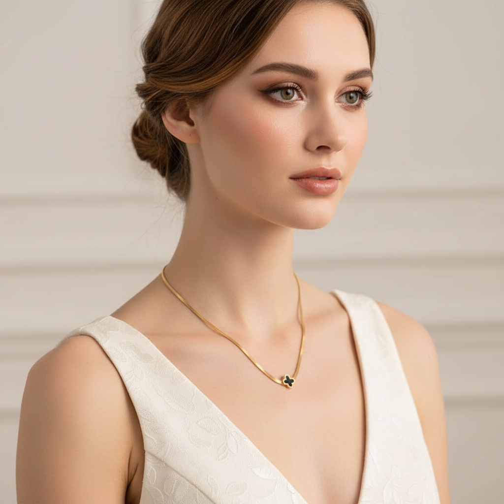 Lucky Clover Necklace - 18k Gold Plated with Black Enamel