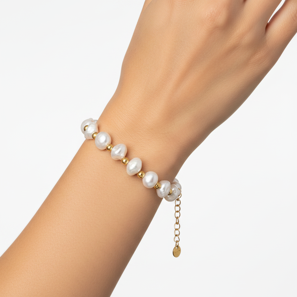 Model wearing baroque pearl and gold bead bracelet - 18k gold plated