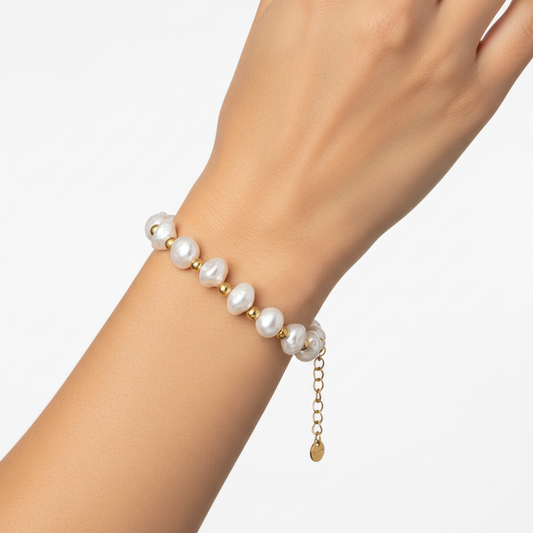 Model wearing baroque pearl and gold bead bracelet - 18k gold plated