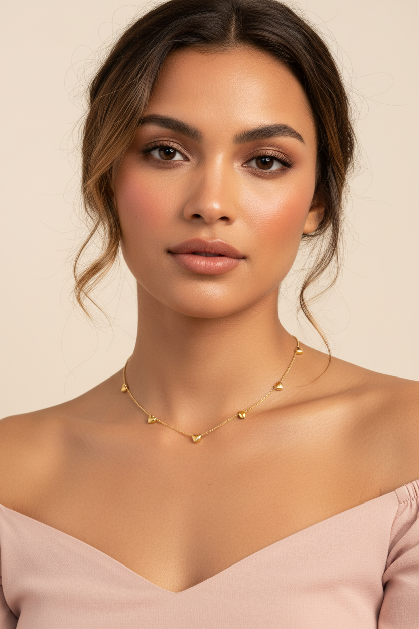 Model wearing puffy heart station necklace - 18k gold plated, 40cm