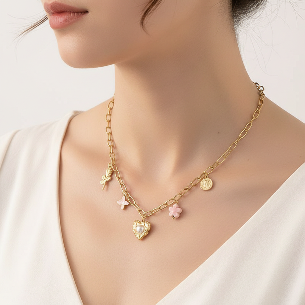 Heart Multi-Charm Chain Necklace - 18k Gold Plated