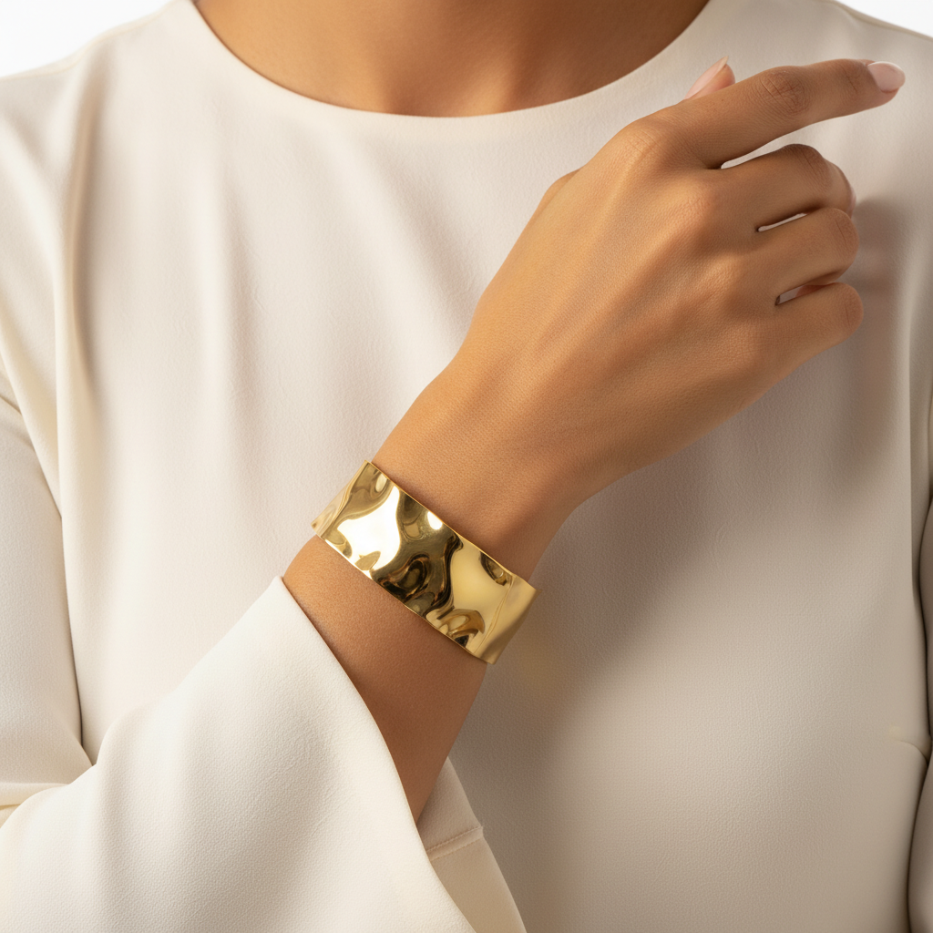 Model wearing wide molten texture cuff bangle - 18k gold plated