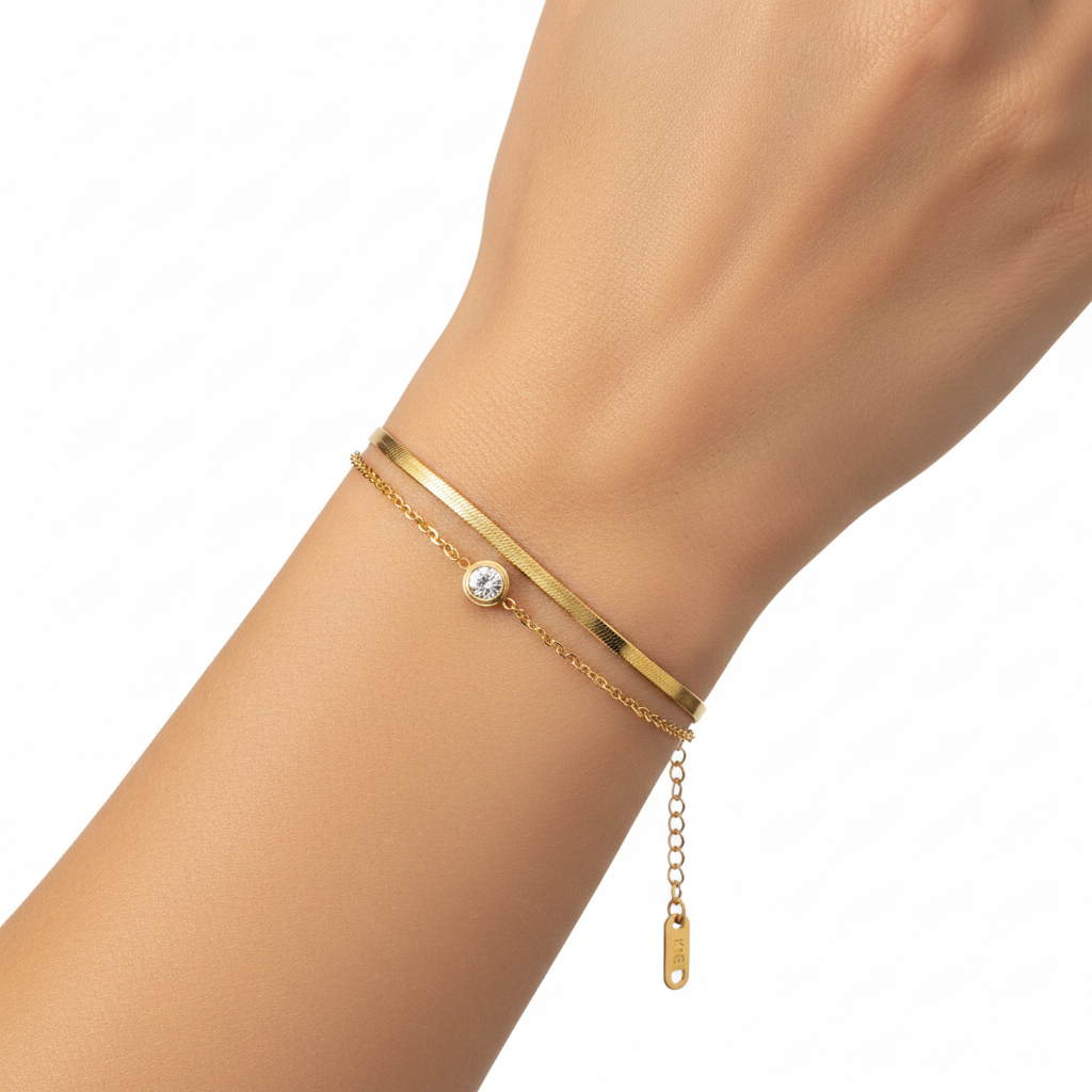 Model wearing double layer herringbone and crystal bracelet - 18k gold plated