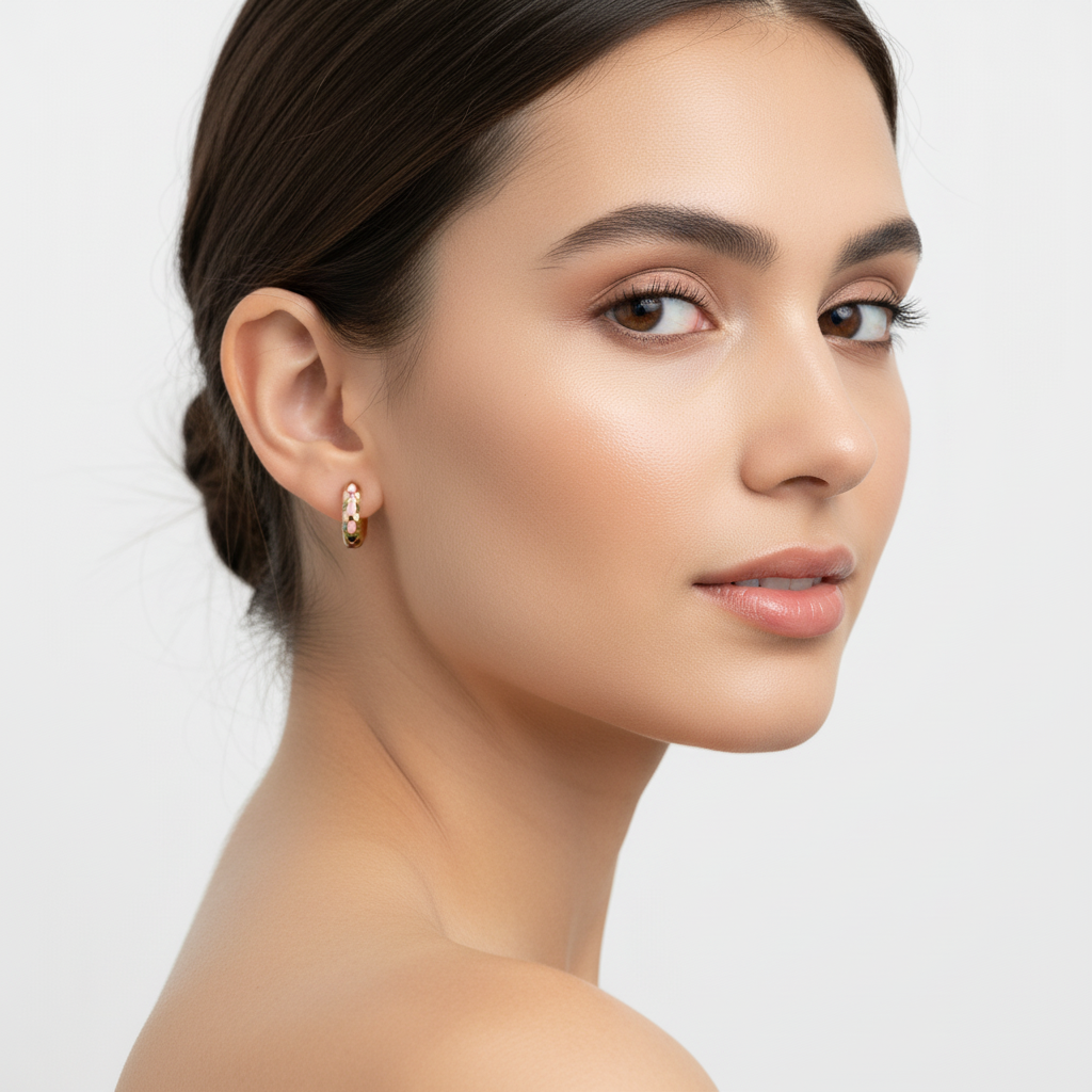 Model wearing tiny floral hoops - over shoulder view