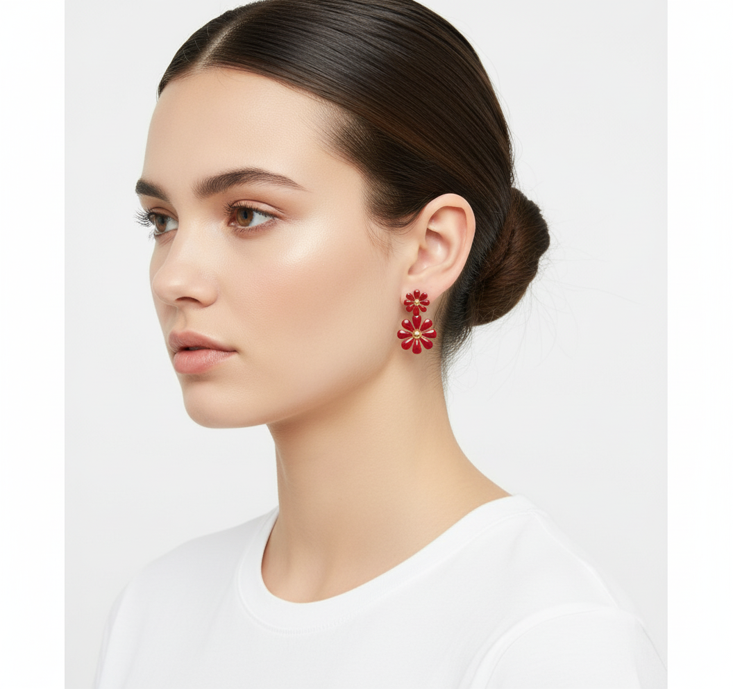 Red Flower Earrings - Tiny Casual Look