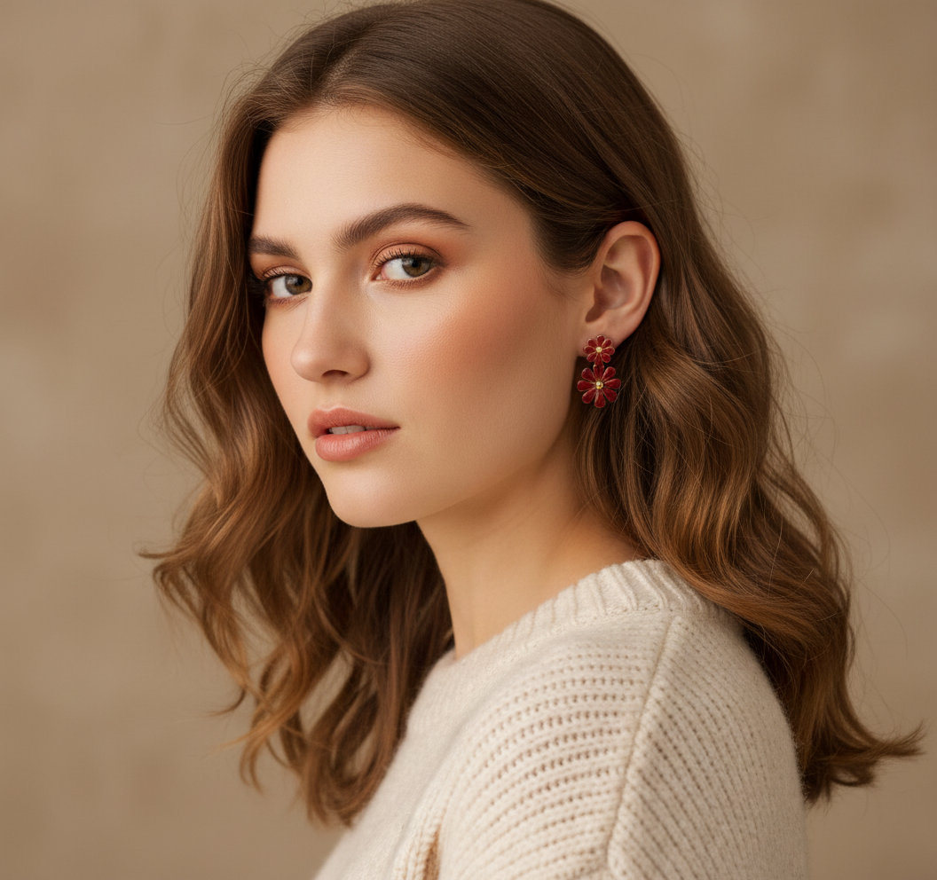 Red Flower Earrings - Tiny Cozy Look