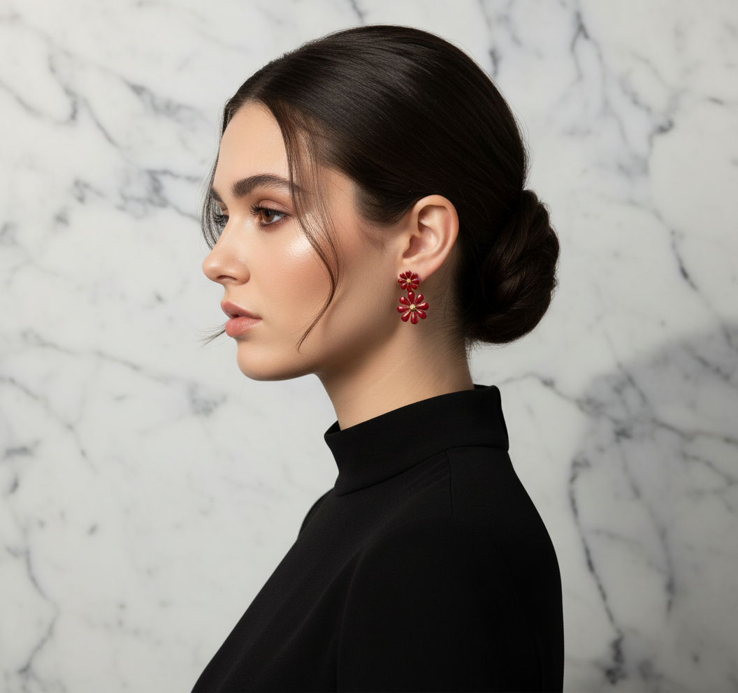 Red Flower Earrings - Tiny Elegant Look