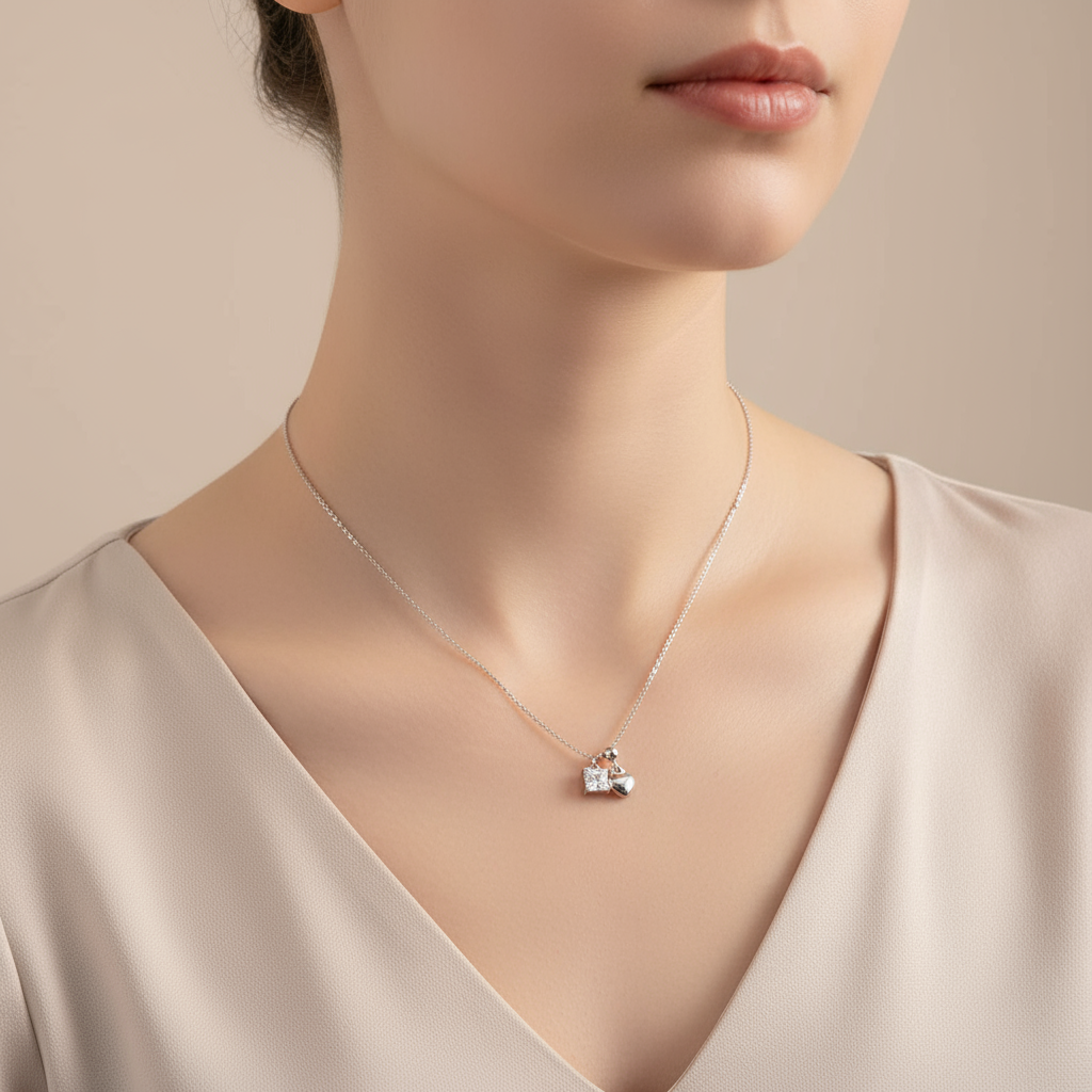 Silver Crystal Heart Necklace on Model