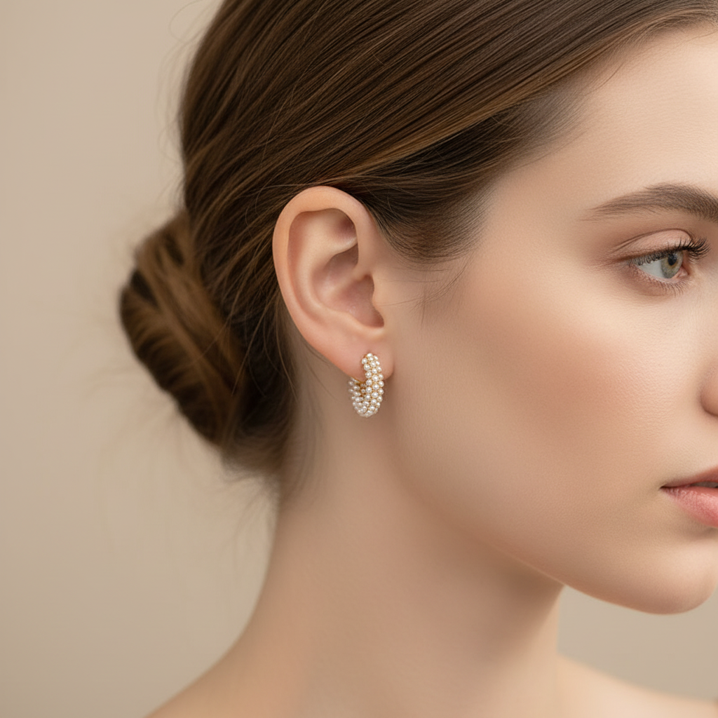 Small Pearl Hoop Earrings - Accurate Size Side View