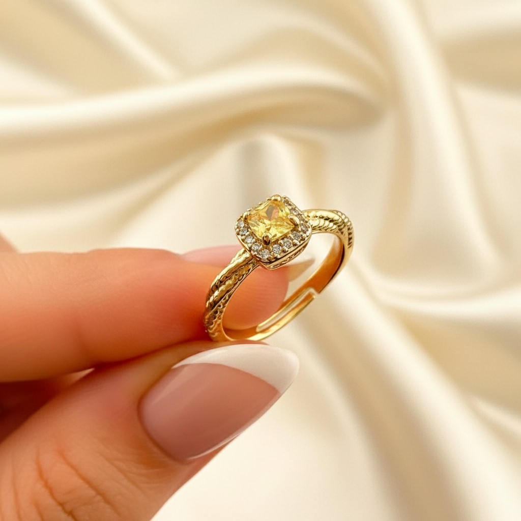Yellow Crystal Ring - Cream Silk Background